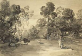 Wooded landscape with figures, cottage and cow, c.1785 (wash & chalk with gouache on paper) | Obraz na stenu