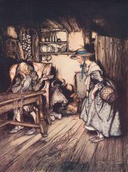 She begged quite prettily to be allowed to spend the night there. Illustration by Arthur Rackham from Grimm's Fairy Tale, The Hut in the Forest, published late 19th century. | Obraz na stenu