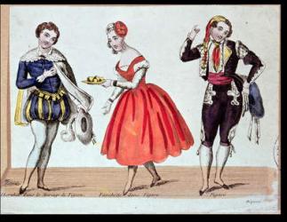 Cherubino, Fanchette and Figaro, scene from 'The Marriage of Figaro' by Pierre Augustin Caron de Beaumarchais (1732-99) 1784 (coloured engraving) | Obraz na stenu