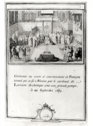 Coronation of Francis II (1544-60), 21st September 1559 in Reims by the archbishop Cardinal de Lorraine (engraving) (b/w photo) | Obraz na stenu