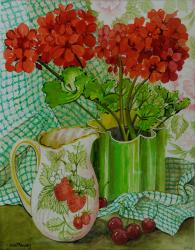 Red geranium with the strawberry jug and cherries (w/c on hand-made paper) | Obraz na stenu