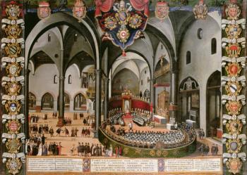 Organ door depicting the Council of Aquileia in 1596 at Udine (oil on panel) | Obraz na stenu