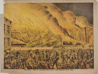 View of the Great Fire of Chicago, 9th October 1871, from the West Side (colour litho) | Obraz na stenu