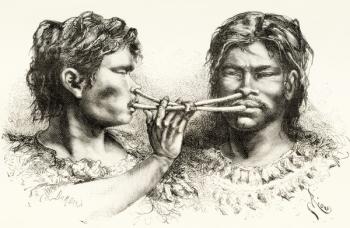 Witoto or Huitoto Indians, indigenous people of southeastern Colombia and northern Peru, taking snuff (engraving) | Obraz na stenu