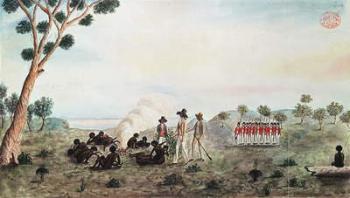 Mr White, Harris and Laing with a Party of Soldiers Visiting Botany Bay Colebee at that Place when Wounded near Botany Bay, c.1790 (w/c on paper) | Obraz na stenu