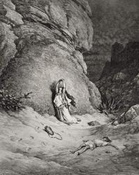 Hagar and Ishmael in the Desert, illustration from Dore's 'The Holy Bible', engraved by Piaud, 1866 (engraving) | Obraz na stenu