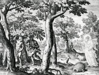 Adam and Eve hiding from The Lord, plate 3 of 'The Story of the First Men', engraved by Jan Sadeler I, 1583 (engraving) | Obraz na stenu