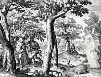 Adam and Eve hiding from The Lord, plate 3 of 'The Story of the First Men', engraved by Jan Sadeler I, 1583 (engraving) | Obraz na stenu