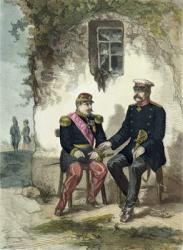 Meeting between Otto von Bismarck (1815-98) and Napoleon III (1808-73) at Donchery, 2nd September 1870 (coloured engraving) | Obraz na stenu