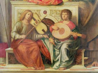 Detail of angel musicians from a painting of the Virgin and saints, 1496-99 (oil on canvas) | Obraz na stenu