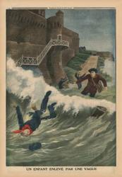 A child taken away by a wave, Saint-Malo, back cover illustration from 'Le Petit Journal', supplement illustre, 1st March 1914 (colour litho) | Obraz na stenu