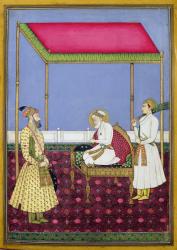 The Emperor Aurangzeb in old age seated on a throne, miniature from a Muraqqa album, early eighteenth century (gouache & gold leaf on paper) | Obraz na stenu