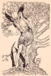 A terrible fellow half as big as the tree by which he was standing. Illustration by Arthur Rackham from Grimm's Fairy Tale, The Spirit in the Glass Bottle. | Obraz na stenu