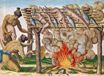 How to grill animals, from 'Brevis Narratio...', published by Theodore de Bry, 1591 (coloured engraving) | Obraz na stenu