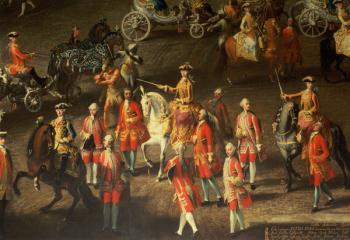 A Cavalcade in the Winter Riding School of the Vienna Hof to celebrate the defeat of the French army at Prague, 1743 (detail, showing Maria Theresa, Empress of Austria, mounted on a grey horse) (detail of 67400, see also 66708) | Obraz na stenu