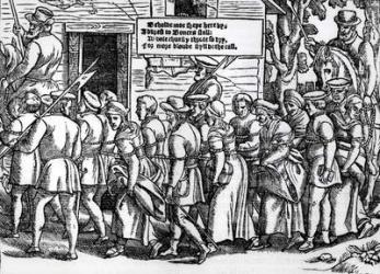 Protestants, roped together, being led to London for trial, from 'Acts and Monuments' by John Foxe (1516-87), 1563 (woodcut) (b/w photo) | Obraz na stenu