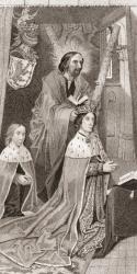 James III of Scotland, 1451  1488, on his knees praying with his son the future James IV of Scotland, 1473  1513, behind him. St. Andrew is shown placing a crown on the head of James III. From Iconographia Scotica or Portraits of Illustrious Persons of  | Obraz na stenu