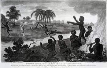 Robinson Crusoe releases a Savage, whom he afterwards calls Friday, illustration from 'Robinson Crusoe' by Daniel Defoe, published 1795 (engraving) | Obraz na stenu