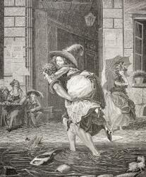 A Carrier Ferrying a Woman across the Street on a Rainy Day in 18th Century Paris, 1875 (engraving) | Obraz na stenu