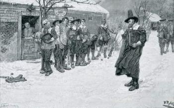 The Puritan Governor Interrupting the Christmas Sports, engraved by J. Bernstrom, illustration from 'Christmas' by George William Curtis, pub. in Harper's Magazine, 1883 (litho) | Obraz na stenu