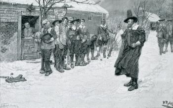 The Puritan Governor Interrupting the Christmas Sports, engraved by J. Bernstrom, illustration from 'Christmas' by George William Curtis, pub. in Harper's Magazine, 1883 (litho) | Obraz na stenu