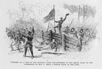 Capture of a part of the burning union breastworks on the Brock Road on the afternoon of May 6th, illustration from 'Battles and Leaders of the Civil War', edited by Robert Underwood Johnson and Clarence Clough Buel (engraving) | Obraz na stenu