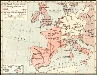Map of The Western Schism, or Papal or Great Schism, 1378-1417, showing allegiance of European countries, from Historical Atlas, published 1923 (colour litho) | Obraz na stenu