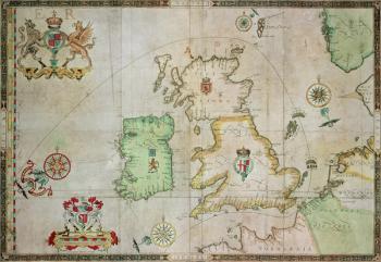 Map showing the route of the Armada fleet, engraved by Augustine Ryther, 1588 (engraving) (see 133339 for b/w) | Obraz na stenu