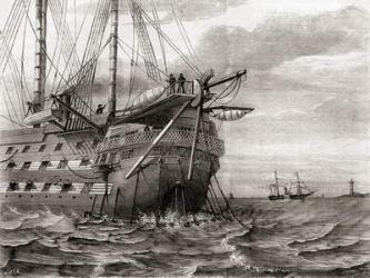 The HMS Agamemnon laying the transatlantic telegraph cable, 2 August, 1858, from Les Merveilles de la Science, published c.1870 (engraving) | Obraz na stenu