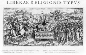 'Librae Religionis Typus', allegory on the reformation depicting John Calvin (1509-64) and Martin Luther (1483-1546) (engraving) (b/w photo) | Obraz na stenu