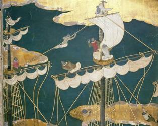 The Arrival of the Portuguese in Japan, detail of ship's mast and crow's nest, from a Namban Byobu screen, 1594-1618 (gouache on paper) | Obraz na stenu