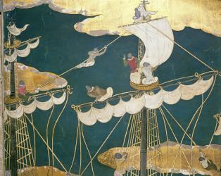 The Arrival of the Portuguese in Japan, detail of ship's mast and crow's nest, from a Namban Byobu screen, 1594-1618 (gouache on paper) | Obraz na stenu