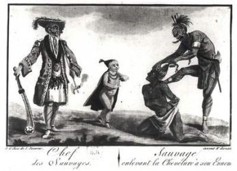 The Chief of the Savages Dressed as a European, a Child and a Savage Scalping his Enemy, from 'Tableau Cosmographique de l'Amerique', 1787 (engraving) (b/w photo) | Obraz na stenu