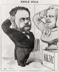 Caricature of Emile Zola (1840-1902) Saluting a Bust of Honore de Balzac (1799-1850) 1878 (engraving) (b/w photo) | Obraz na stenu