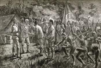 Mehmet Emin Pasha and Gaetano Casati arrive at Sir Henry Morton Stanley's lake shore camp at Lake Albert in 1889, 1890 (wood engraving) | Obraz na stenu