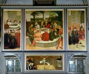 Triptych, left panel, Philipp Melanchthon performs a baptism assisted by Martin Luther; centre panel, the Last Supper with Luther amongst the Apostles; right panel, Luther makes his confession; Luther's sermon below, 1547 | Obraz na stenu
