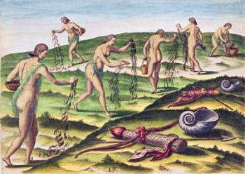 How the Women Lament at the Burial Grounds, from 'Brevis Narratio..', engraved by Theodore de Bry (1528-98) published in Frankfurt, 1591 (coloured engraving) | Obraz na stenu