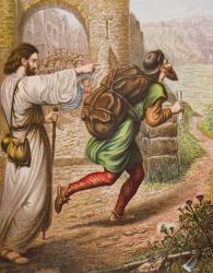 Evangelist directs Christian on his way, illustration from 'The Pilgrim's Progress' by John Bunyan (1628-88) (colour litho) | Obraz na stenu