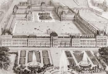View of the new gardens of the Tuileries Palace and the new and the old Louvre, Paris, France, in the 19th century. From L'Univers Illustre, published Paris 1858. | Obraz na stenu