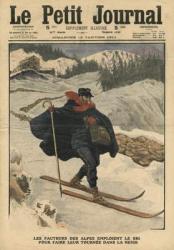 Alpine postmen using ski during their rounds in the snow, illustration from 'Le Petit Journal', supplement illustre, 15th January 1911 (colour litho) | Obraz na stenu
