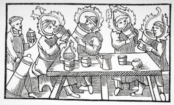 Men drinking, illustration from 'Historia de Gentibus Septentrionalibus' by Olaus Magnus (1490-1557) published in Rome, 1555, from 'Le Moyen Age et La Renaissance' by Paul Lacroix (1806-84) published 1847 (litho) | Obraz na stenu