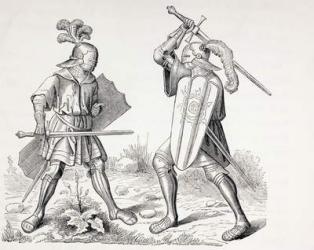 Two 15th century fully armoured knights fighting with swords and shields, from 'Les Arts au Moyen Age', published 1873 (litho) | Obraz na stenu