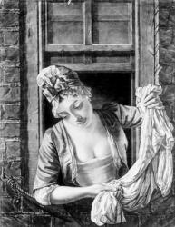 Woman wringing washing (b&w photo) | Obraz na stenu