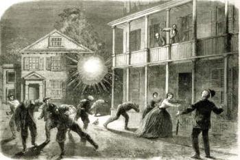 The Federals shelling the City of Charleston: Shell bursting in the streets in 1863 (engraving) (b/w photo) | Obraz na stenu