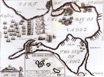 Victory of the English Royal Navy in the Bay of Cadiz, engraved by Robert Vaughan (fl.1622-78) (engraving) | Obraz na stenu