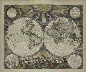 Double-hemisphere world map from Goos's Sea Atlas of the Water World, 1672 (hand coloured engraving) | Obraz na stenu