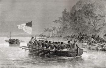 Dr. David Livingstone in the first boat, flying the English flag, and Henry Morton Stanley in the second boat, flying the American flag, during their expedition in Africa in 1872, illustration from 'The World in the Hands', engraved by Charles Barbant (d. | Obraz na stenu
