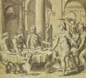 The Banquet of Dido and Aeneas, model for a tapestry in the Story of Aeneas series, c.1532 (pen & ink & wash on paper) | Obraz na stenu
