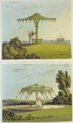 Two ornate covered garden seats from 'Repository of Arts', by Ackermann, 1822 (colour litho) | Obraz na stenu