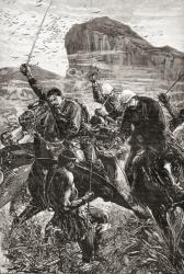 Lieutenants Melvill and Coghill try to escape with the Queen's Colours during the Battle of Isandlwana, South Africa, 22 January 1879, the first major encounter in the AngloZulu War. | Obraz na stenu